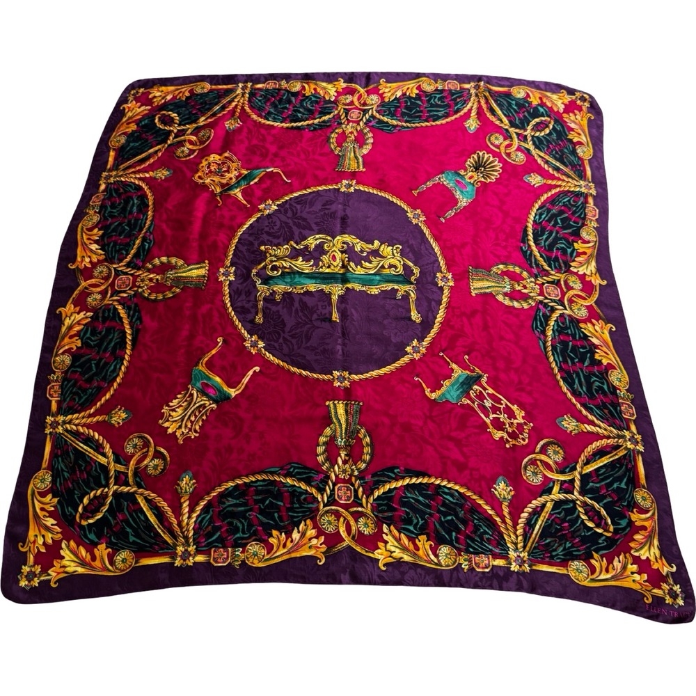 Ellen Tracy Scarf Womens OS Magenta Purple Gold Silk Baroque Square Excellent